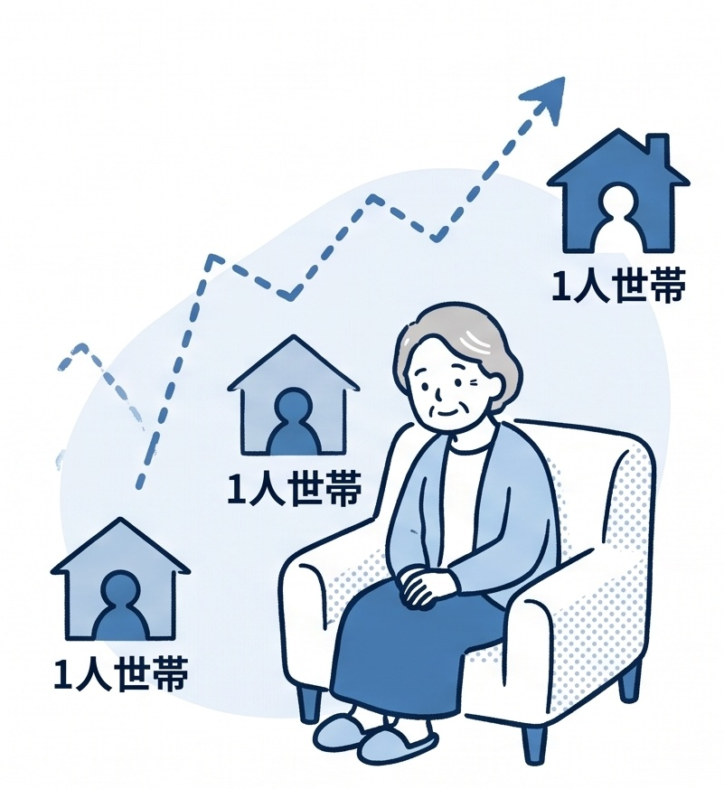 一人暮らしの高齢者世帯が増え続けるイメージ図